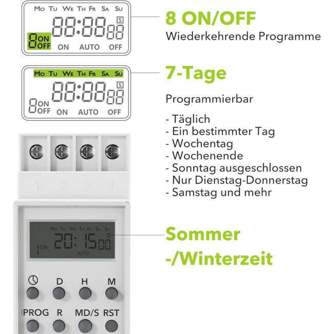 Цифровий таймер HBN BNDS-X2 для DIN-рейки, монтаж на панель перемикачів, 3680 Вт, 8 програм перемикання, 7-денний таймер, білий (0122)