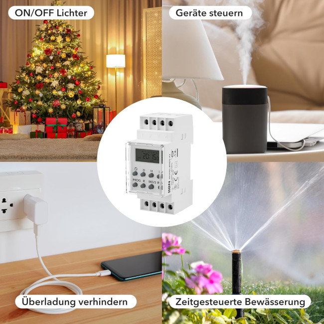 Цифровий таймер HBN BNDS-X2 для DIN-рейки, монтаж на панель перемикачів, 3680 Вт, 8 програм перемикання, 7-денний таймер, білий (0122)