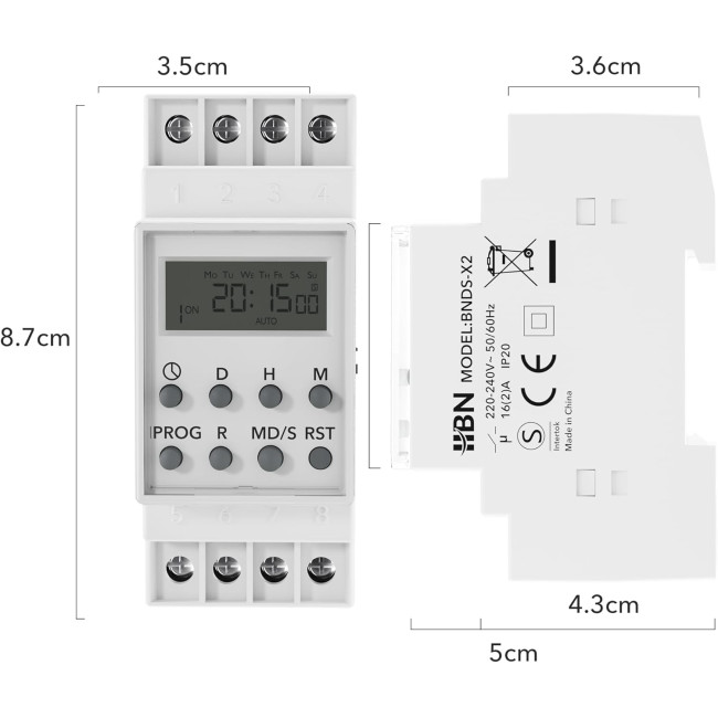Цифровий таймер HBN BNDS-X2 для DIN-рейки, монтаж на панель перемикачів, 3680 Вт, 8 програм перемикання, 7-денний таймер, білий (0122)