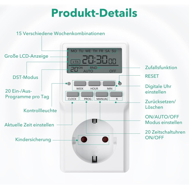 Цифровий таймер HBN BNE-50/G87 (2шт) тижневий таймер з 20 програмами перемикання, розетка таймера для використання в приміщенні, білі (0131)