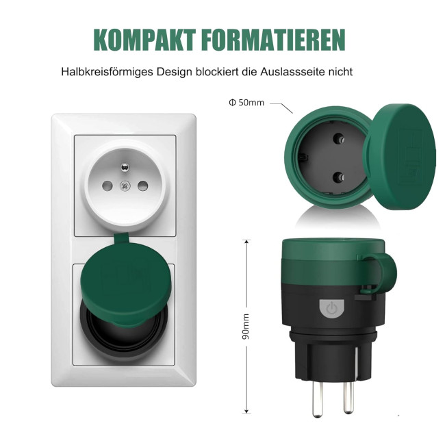 Водонепроникна розетка з дистанційним керуванням, комплект радіовимикачів 10 A/2300 Вт, 1 радіорозетка + 1 пульт, зелена (2109)