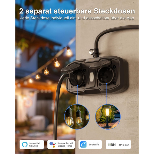 Вулична WiFi розетка HBN BNC-50/G86WT з 2 розетками 16A 3600W Кабель 1,5 м Розумна зовнішня розетка IP54 Водонепроникна подвійна (0136)