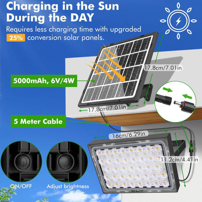 Вуличний прожектор на сонячних панелях CLY SL-FL04 30 Вт, регульована яскравість, з акумуляторною батареєю 5000 мАг, сонячні прожектори (0073)