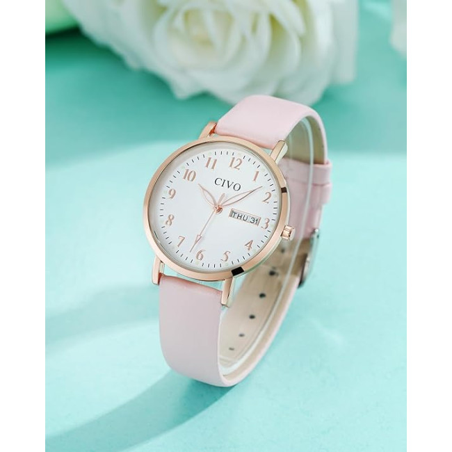 Жіночий годинник CIVO 2408 у ретро-дизайні для жінок, шкіряний ремінець, рожевий (4080)