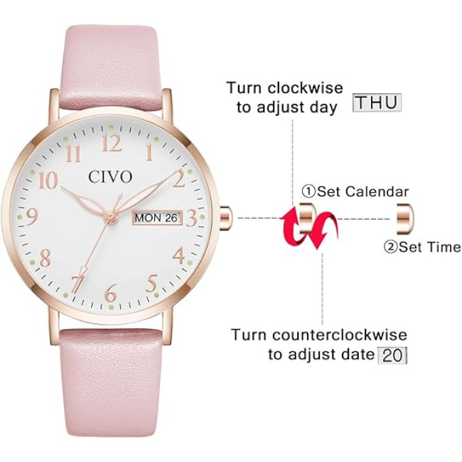 Жіночий годинник CIVO 2408 у ретро-дизайні для жінок, шкіряний ремінець, рожевий (4080)