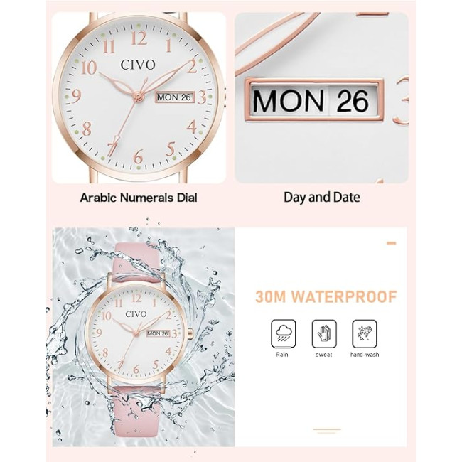 Жіночий годинник CIVO 2408 у ретро-дизайні для жінок, шкіряний ремінець, рожевий (4080)