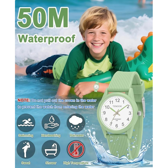 Дитячій аналоговий годинник TENOCK 6088 з м'яким ремінцем, водонепроникний 50M, зелений (4186)