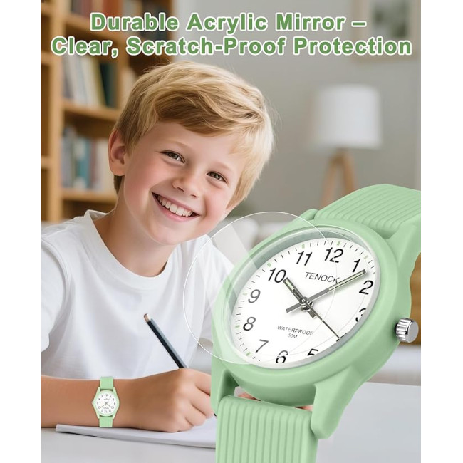Дитячій аналоговий годинник TENOCK 6088 з м'яким ремінцем, водонепроникний 50M, зелений (4186)