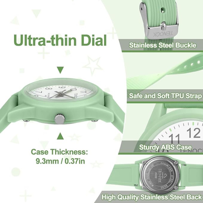 Дитячій аналоговий годинник TENOCK 6088 з м'яким ремінцем, водонепроникний 50M, зелений (4186)