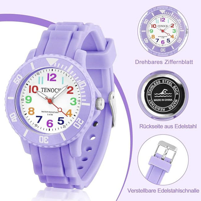 Детские аналоговые кварцевые часы TENOCK 001, водонепроницаемый, 30 м, фиолетовый (4188)