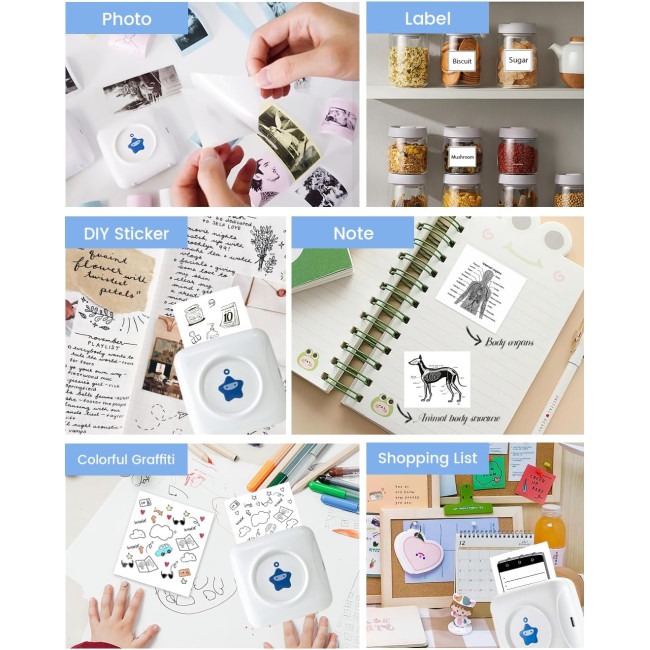 Принтер наклейок Vretti- міні-портативний термопринтер TP2-Y з 10 рулонами термопаперу, безчорнильний пристрій для виготовлення наклейок, біло-синій (0108)