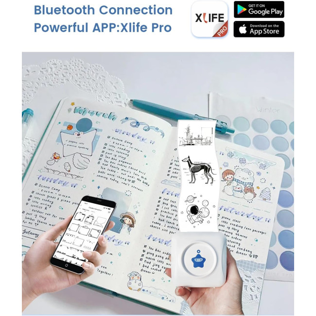 Принтер наклейок Vretti- міні-портативний термопринтер TP2-Y з 10 рулонами термопаперу, безчорнильний пристрій для виготовлення наклейок, біло-синій (0108)