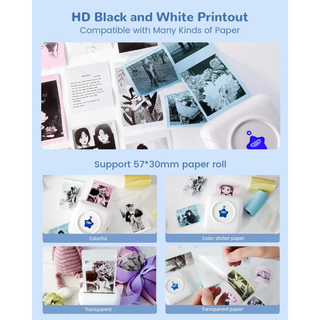 Принтер наклейок Vretti- міні-портативний термопринтер TP2-Y з 10 рулонами термопаперу, безчорнильний пристрій для виготовлення наклейок, біло-синій (0108)