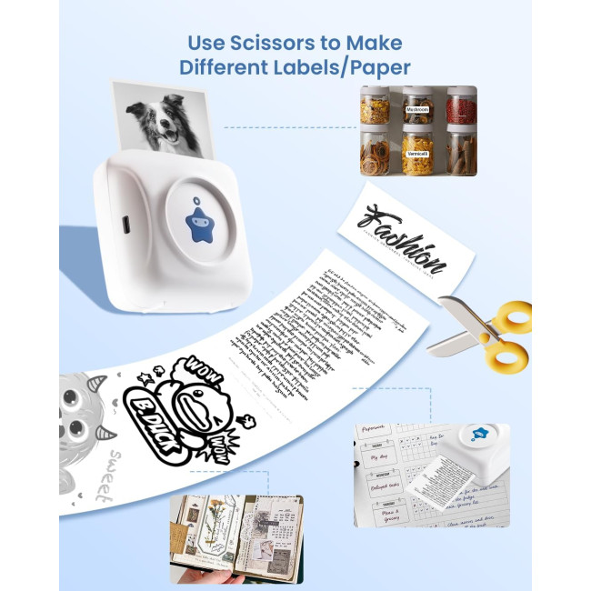 Принтер наклейок Vretti- міні-портативний термопринтер TP2-Y з 10 рулонами термопаперу, безчорнильний пристрій для виготовлення наклейок, біло-синій (0108)