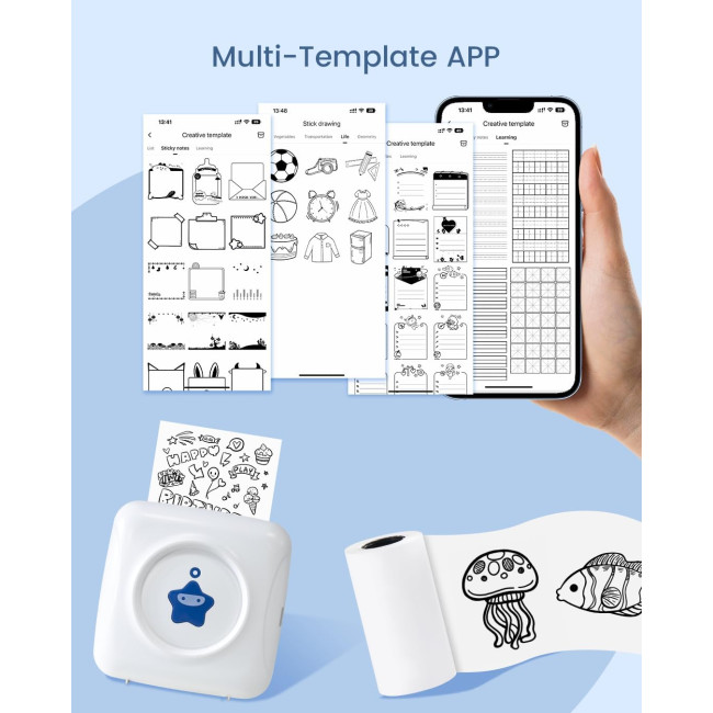 Принтер наклейок Vretti- міні-портативний термопринтер TP2-Y з 10 рулонами термопаперу, безчорнильний пристрій для виготовлення наклейок, біло-синій (0108)
