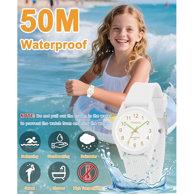 TENOCK Дитячій аналоговий годинник з м'яким ремінцем 6088, водонепроникний 50M, білий (4187)