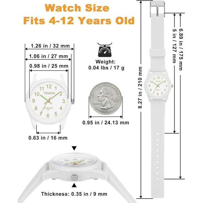 TENOCK Дитячій аналоговий годинник з м'яким ремінцем 6088, водонепроникний 50M, білий (4187)