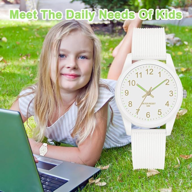TENOCK Дитячій аналоговий годинник з м'яким ремінцем 6088, водонепроникний 50M, білий (4187)