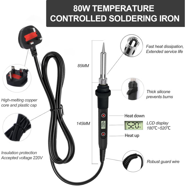 Комплект паяльників BOPELMALLS BP-LT15 15 шт., 80 Вт РК-дисплей з регульованою температурою 180-520°C, підставка, сумка для інструментів (0155)