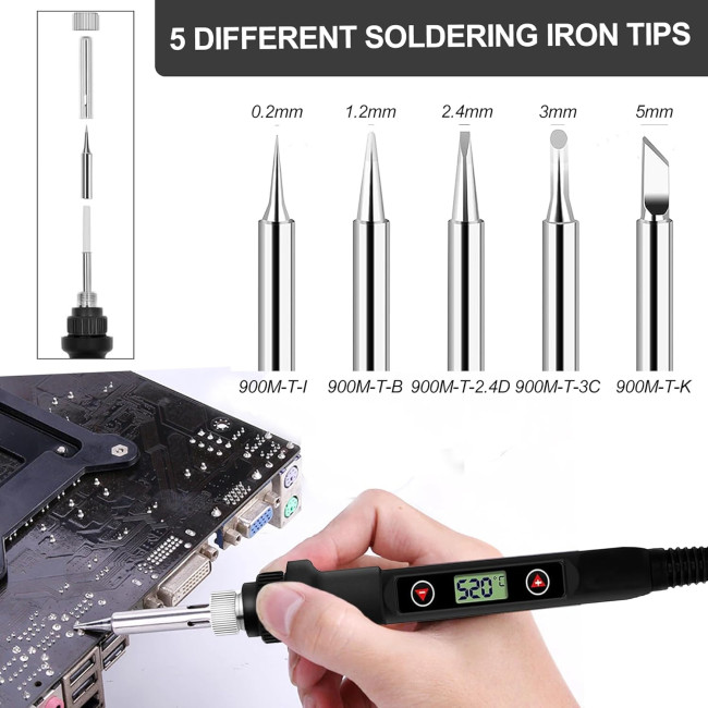 Комплект паяльників BOPELMALLS BP-LT15 15 шт., 80 Вт РК-дисплей з регульованою температурою 180-520°C, підставка, сумка для інструментів (0155)