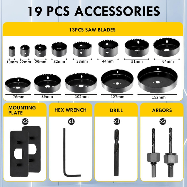 Набір коронок CCLIFE Ø19 мм - Ø152 мм, 19-предметний набір коронок, глибина різання 25 мм для дерева, чорний (0081)