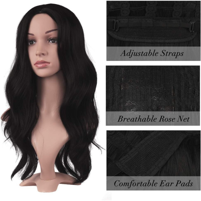 Довгі чорні перуки FESHFEN для жінок 22 дюйми, перуки природного вигляду синтетичні, натуральний чорний (0120)