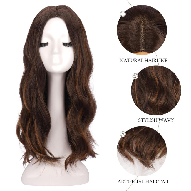 Довгі коричневі світлі перуки FESHFEN для жінок, 22 дюйми, синтетичний хвилястий перука з проділом посередині для щоденної вечірки (0104)