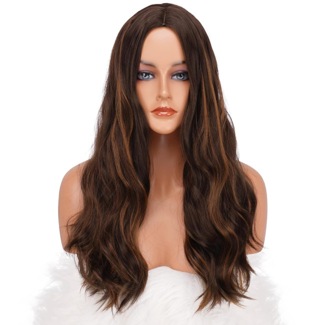 Довгі коричневі світлі перуки FESHFEN для жінок, 22 дюйми, синтетичний хвилястий перука з проділом посередині для щоденної вечірки (0104)