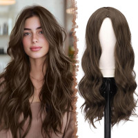 Довгі середньо-коричневі перуки FESHFEN для жінок, 22-дюймовий синтетичний хвилястий (0103)