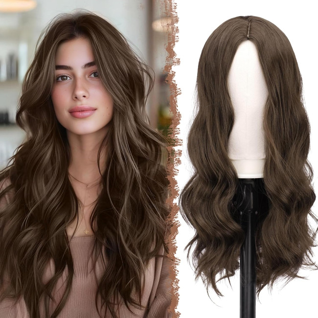 Довгі середньо-коричневі перуки FESHFEN для жінок, 22-дюймовий синтетичний хвилястий (0103)