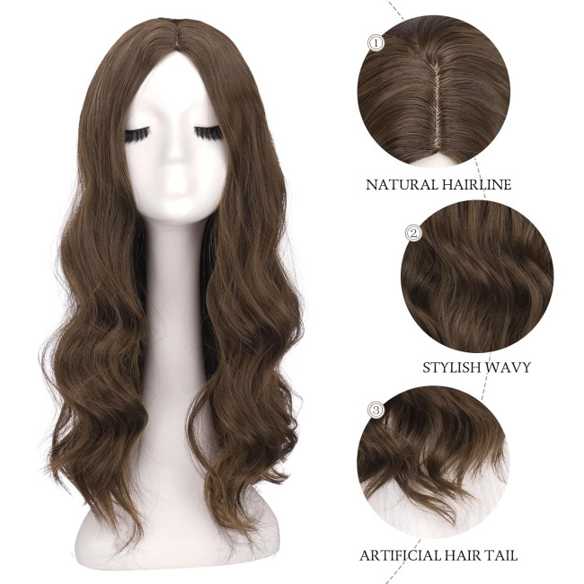 Довгі середньо-коричневі перуки FESHFEN для жінок, 22-дюймовий синтетичний хвилястий (0103)