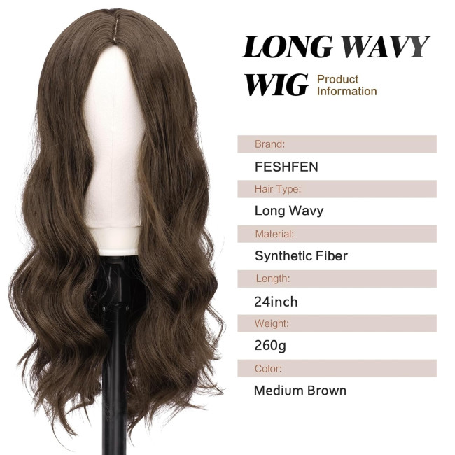 Довгі середньо-коричневі перуки FESHFEN для жінок, 22-дюймовий синтетичний хвилястий (0103)