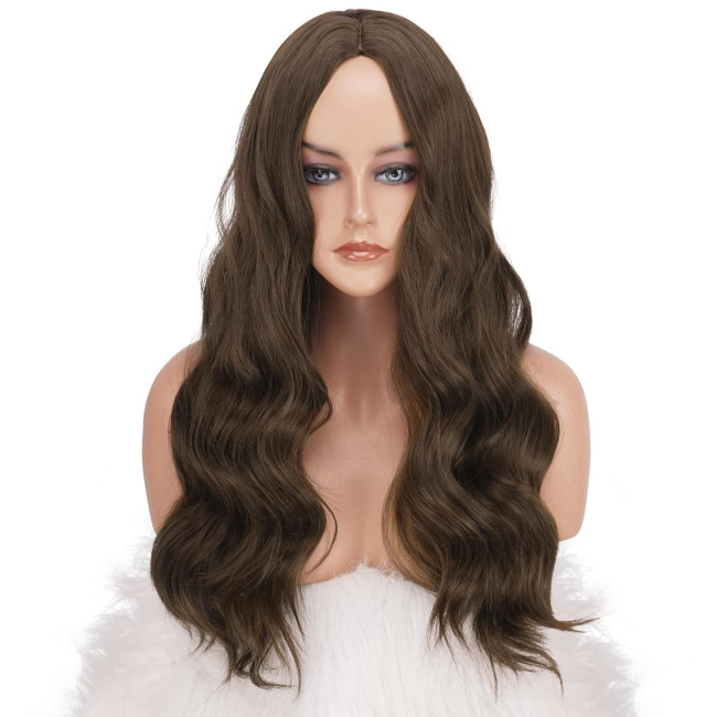 Довгі середньо-коричневі перуки FESHFEN для жінок, 22-дюймовий синтетичний хвилястий (0103)