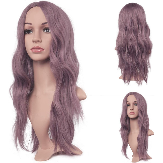 Довга хвиляста перука FESHFEN  бузковий фіолетовий, середній проділ натурального вигляду, синтетичні жіночі перуки для щоденного косплею 22 дюйми (0096)