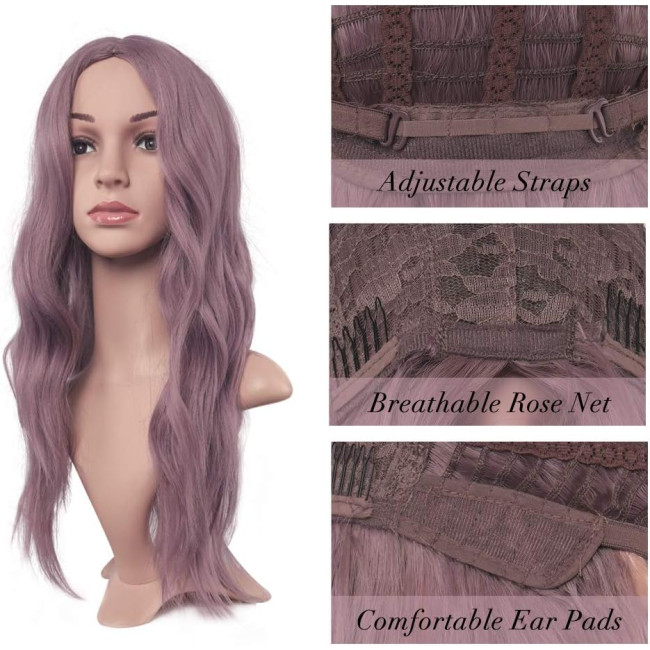 Довга хвиляста перука FESHFEN  бузковий фіолетовий, середній проділ натурального вигляду, синтетичні жіночі перуки для щоденного косплею 22 дюйми (0096)