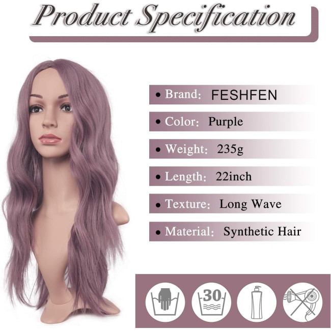 Довга хвиляста перука FESHFEN  бузковий фіолетовий, середній проділ натурального вигляду, синтетичні жіночі перуки для щоденного косплею 22 дюйми (0096)