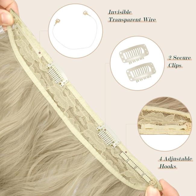 Довге хвилясте нарощування волосся FESHFEN, синтетичне волосся, невидимі перуки для жінок, попелясто-русявий, 40 см (0084)