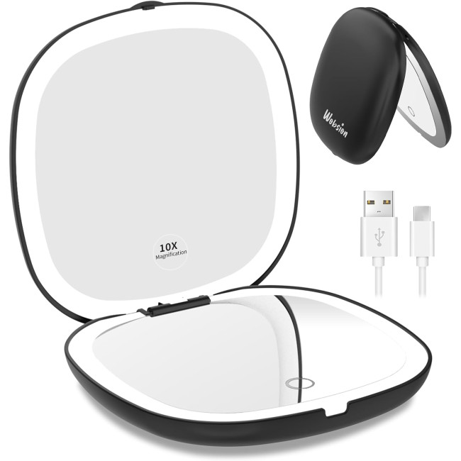 Дзеркало для макіяжу WOBSION BM-2320B-2 з підсвічуванням та збільшенням, складне дзеркало для сумки, подарунок, ‎чорне (0044)
