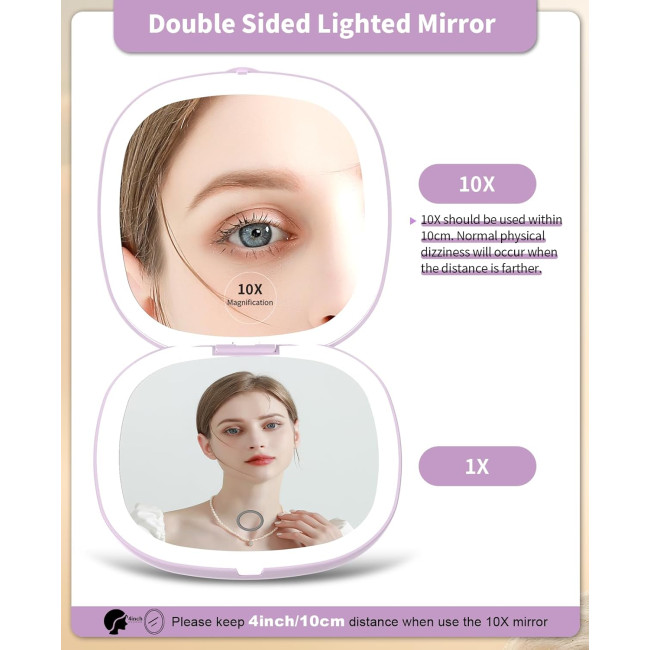 Дзеркало для макіяжу WOBSION BM-2320B-2 з підсвічуванням та збільшенням, складне дзеркало для сумки, подарунок, фіолетове (0041)