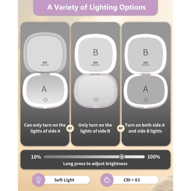 Дзеркало для макіяжу WOBSION BM-2320B-2 з підсвічуванням та збільшенням, складне дзеркало для сумки, подарунок, фіолетове (0041)