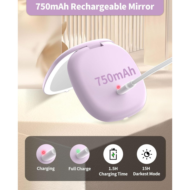 Дзеркало для макіяжу WOBSION BM-2320B-2 з підсвічуванням та збільшенням, складне дзеркало для сумки, подарунок, фіолетове (0041)