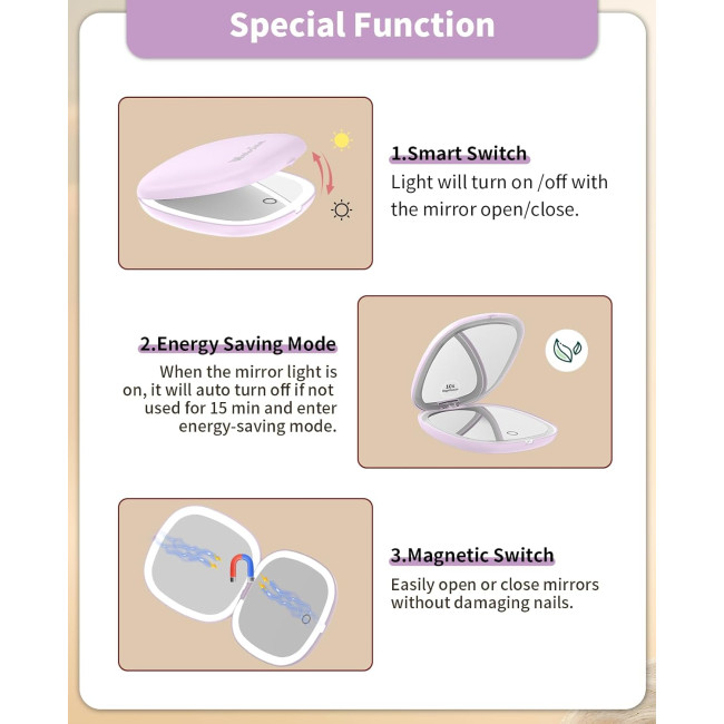 Дзеркало для макіяжу WOBSION BM-2320B-2 з підсвічуванням та збільшенням, складне дзеркало для сумки, подарунок, фіолетове (0041)