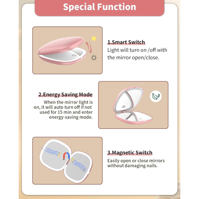Дзеркало для макіяжу WOBSION BM-2320B-2 з підсвічуванням та збільшенням, складне дзеркало для сумки, подарунок, ‎рожеве золото (0043)