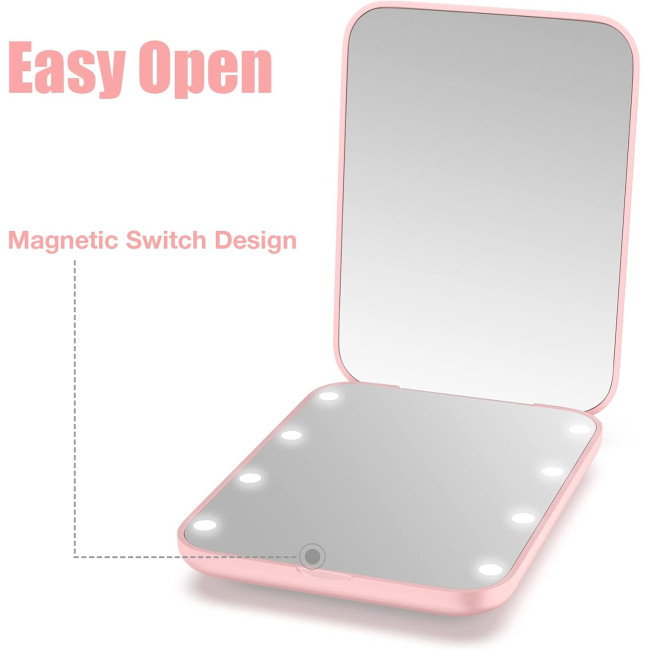 Дзеркало для макіяжу WOBSION MR-L2307 з підсвічуванням, з 1/3-кратним збільшенням, з регульованою яскравістю для кишені, рожевий (0050)