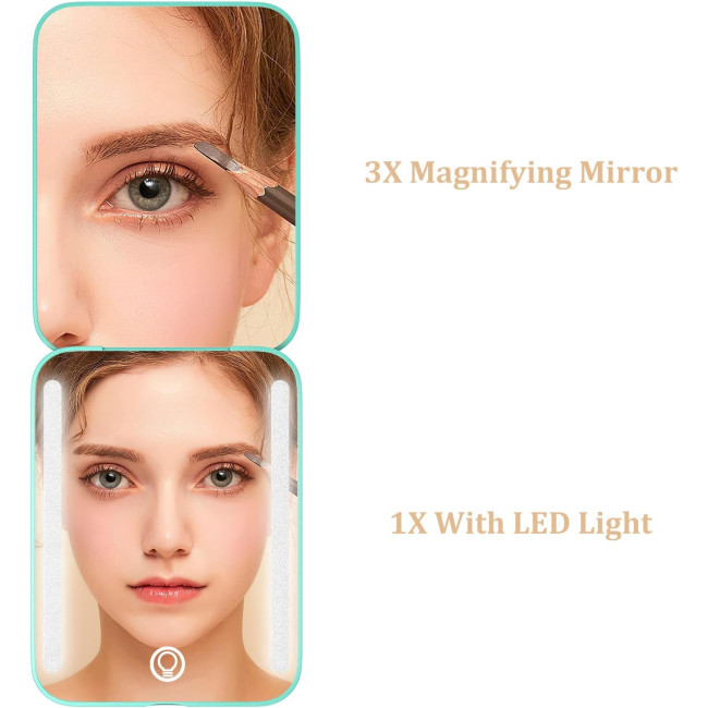 Дзеркало для макіяжу WOBSION MR-L2307C-Cyan FR з підсвічуванням, з 1/3-кратним збільшенням, з регульованою яскравістю для кишені, блакитний (0048)