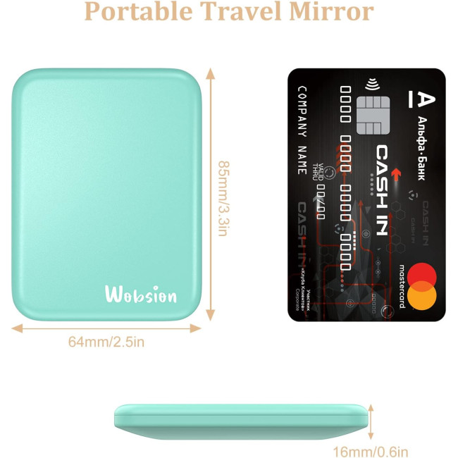 Дзеркало для макіяжу WOBSION MR-L2307C-Cyan FR з підсвічуванням, з 1/3-кратним збільшенням, з регульованою яскравістю для кишені, блакитний (0048)