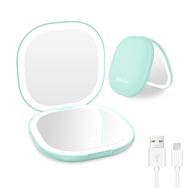 Дзеркало для подорожей WOBSION 2311S-3 з підсвічуванням, акумуляторне компактне збільшувальне дзеркало 1x/10x, блакитне (0045)