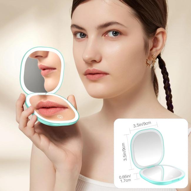 Дзеркало для подорожей WOBSION 2311S-3 з підсвічуванням, акумуляторне компактне збільшувальне дзеркало 1x/10x, блакитне (0045)