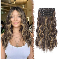 FESHFEN Накладне волосся на зачісці, довге хвилясте густе волосся, меліроване, шоколадно-коричневий (5189)