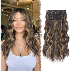 FESHFEN Накладне волосся на зачісці, довге хвилясте густе волосся, меліроване, шоколадно-коричневий (5189)